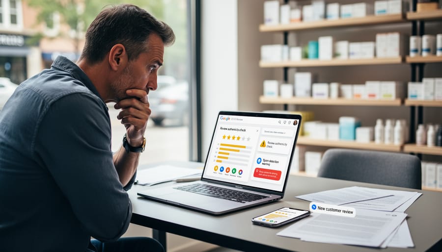 Business owner reviewing star ratings on smartphone in office setting
