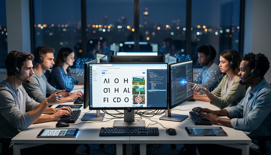 Multi-monitor computer workstation setup showing automation and bot development environment