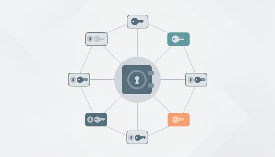 Bank vault with organized safety deposit boxes representing secure credential storage