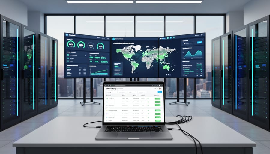 Server racks with blue LED lights in professional data center environment