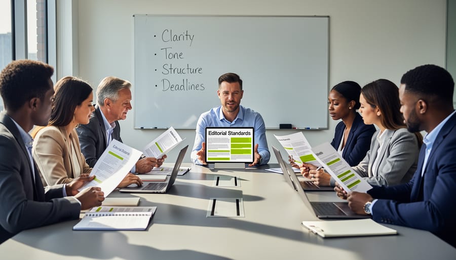 Two professionals collaborating over editorial documents and laptop