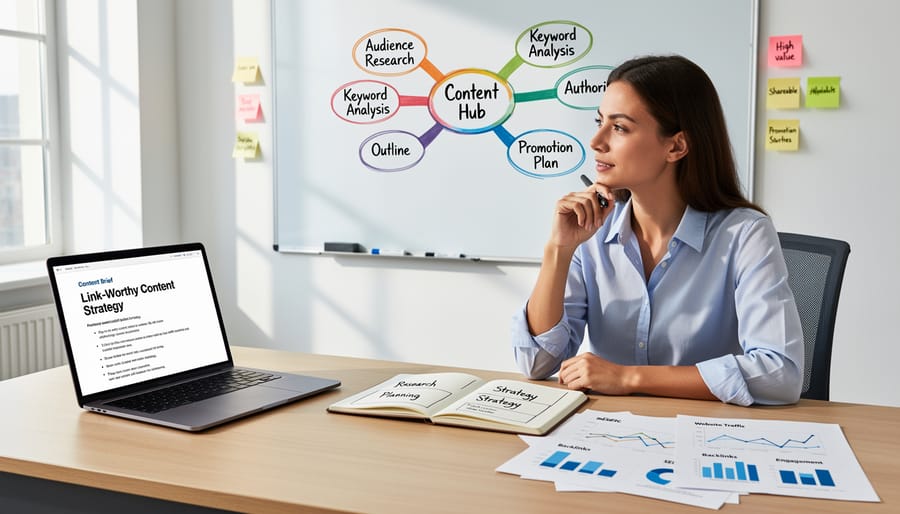 Workspace showing research materials and laptop during content creation process