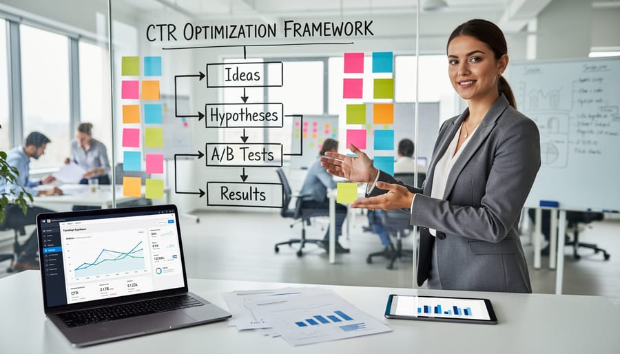 Workspace with notebook and devices showing SEO planning and implementation