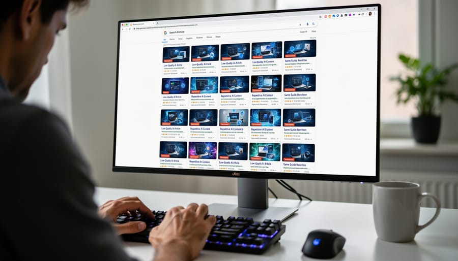 Computer screen showing search results filled with repetitive automated content