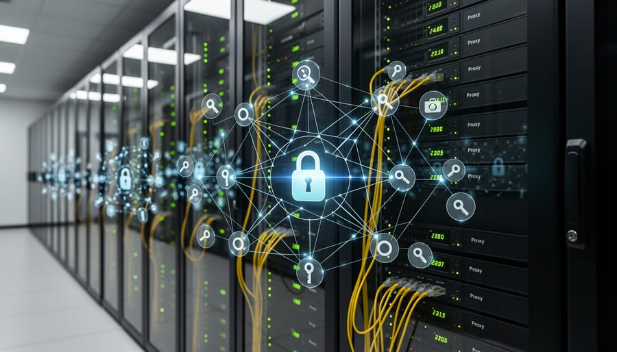 Network of server racks connected by illuminated cables representing distributed proxy infrastructure
