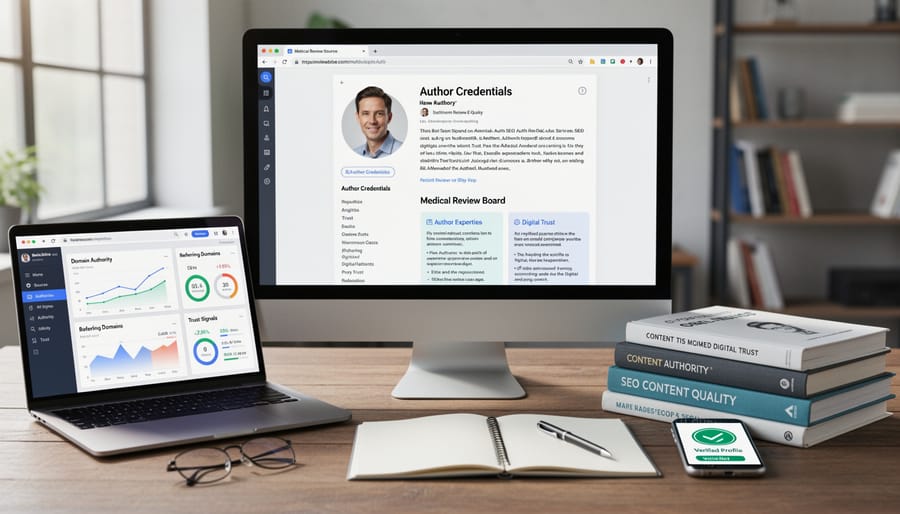 Desk workspace showing SEO analysis materials including author credentials and backlink data