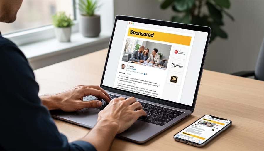 Overhead view of laptop displaying email newsletter with coffee cup on desk