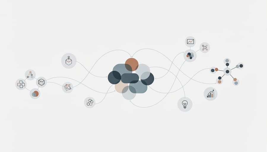 Connected network of glowing spheres representing entity relationships hovering above laptop