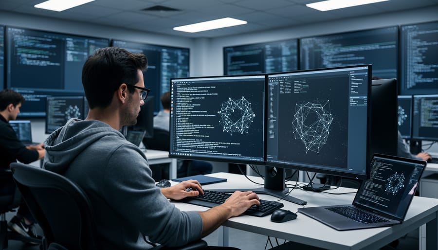 Analyst working at computer terminal running forensic analysis tools