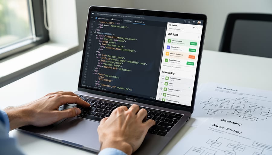 Close-up of hands typing HTML code on keyboard with laptop screen in background