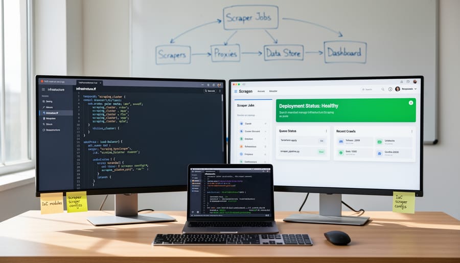 Developer workspace with laptop showing infrastructure as code configuration