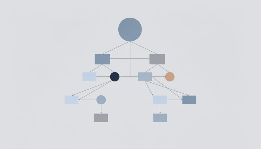 Wooden blocks arranged in interconnected hierarchical structure showing vertical and horizontal connections