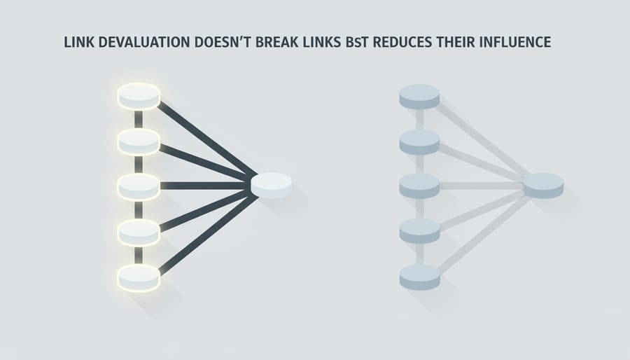 Broken chain links on wooden surface representing link signal devaluation