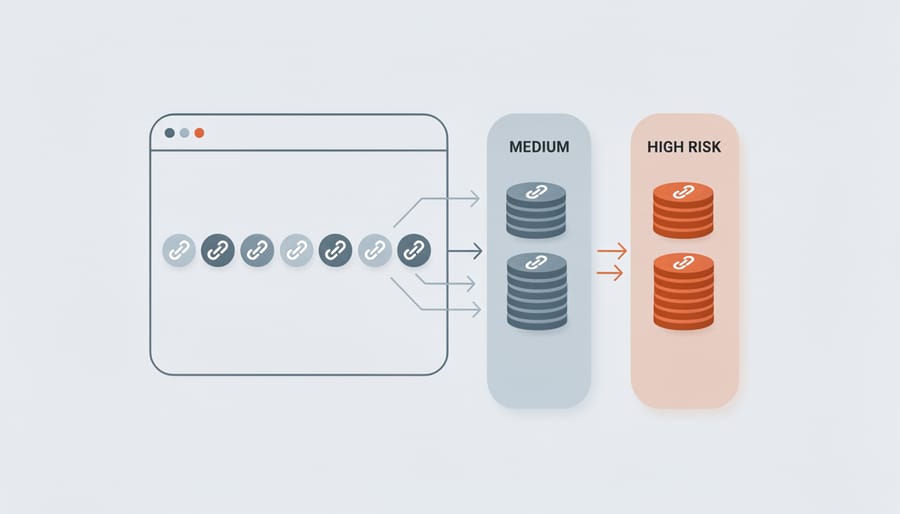 Three organized piles of colored stones representing risk categorization system
