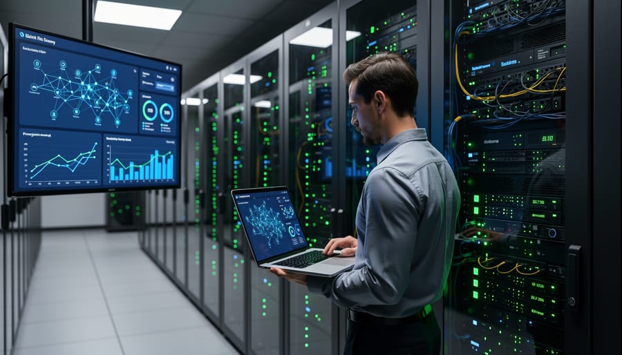 Rows of Linux servers in data center with illuminated status lights