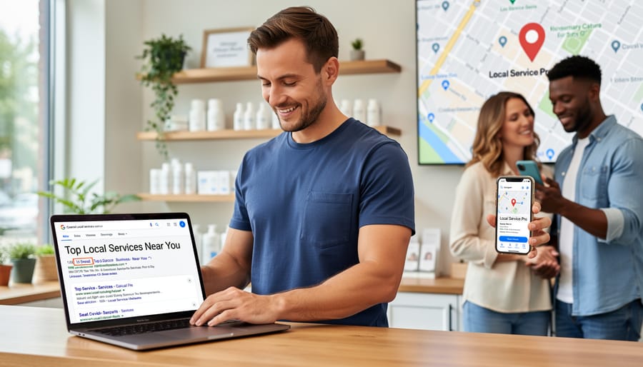 Laptop and smartphone displaying local business search results on wooden desk