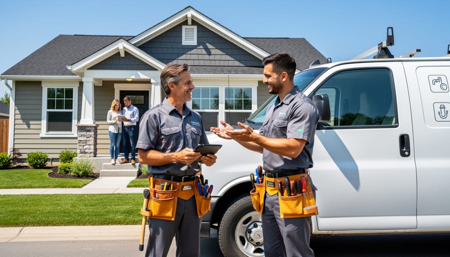 Suburban residential street with service company vehicles and homes showing local business opportunity