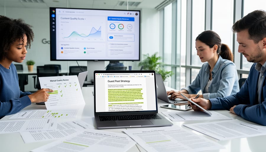 Quality control inspection with magnifying glass reviewing checklist document