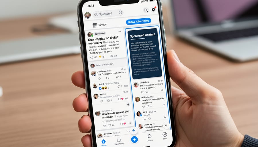 Two smartphones displaying different content formats representing native advertising and sponsored content