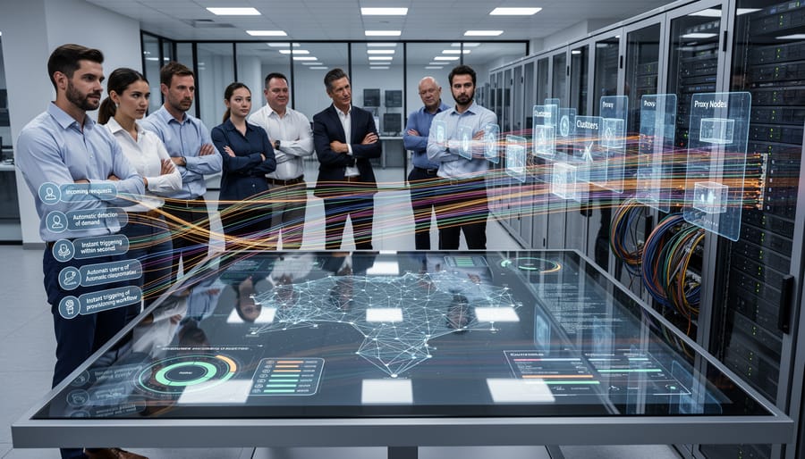 Network cables being connected to switch ports with green link lights activating