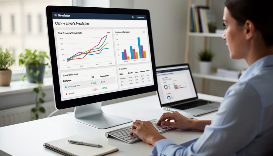 Person working on laptop with smartphone displaying analytics nearby