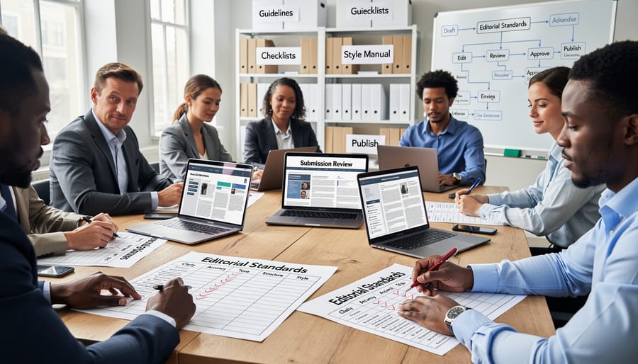 Editor organizing editorial guideline components on wall board with color-coded cards
