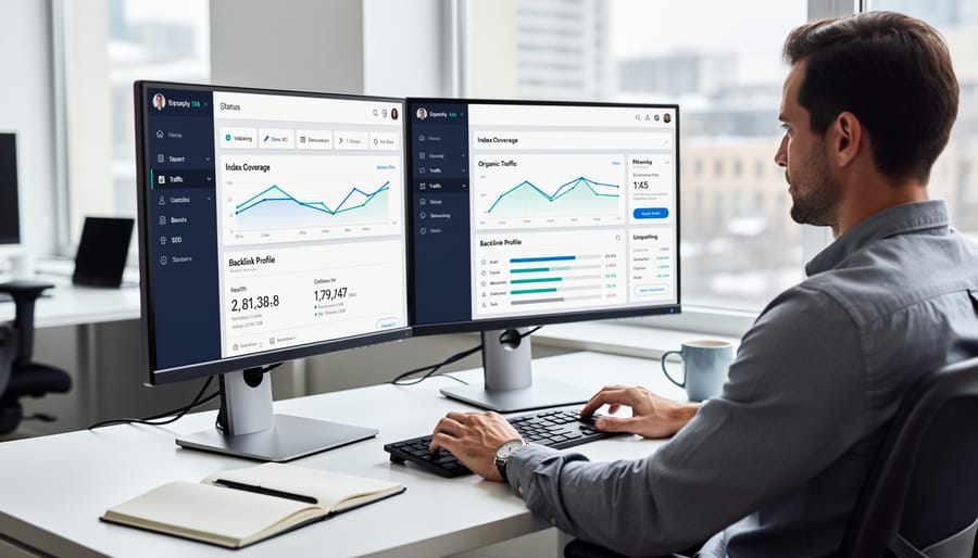 Person monitoring website analytics and performance metrics on computer screens