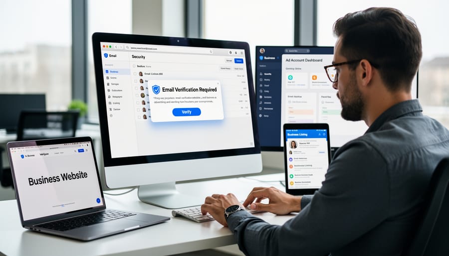 Business owner confidently managing digital security at modern workspace
