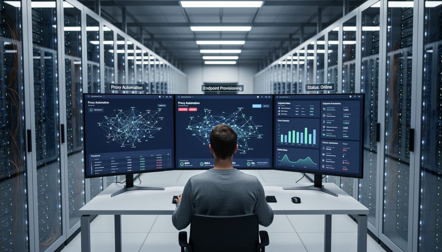 Rows of network servers with blue LED indicators in modern data center