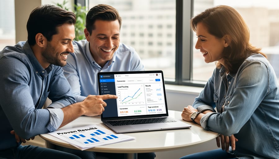 Business handshake between service contractor and professional with tablet showing lead data