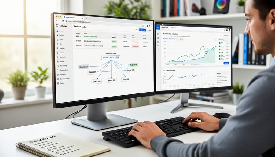 Professional working on laptop conducting website redirect audit