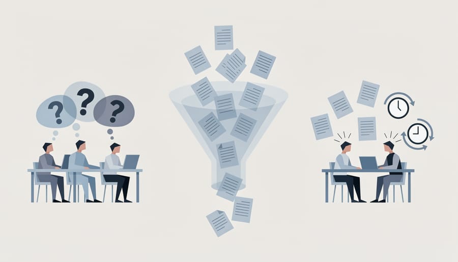 Overhead view of rejection stamps and crumpled manuscript pages on desk