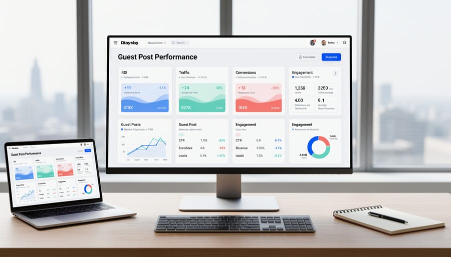 Professional workspace with analytics dashboard on computer monitor