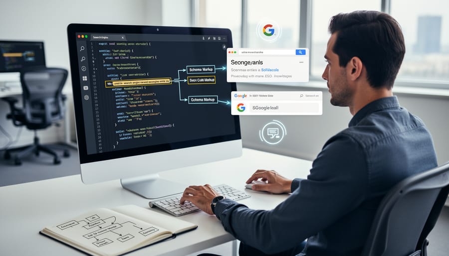 Overhead view of laptop showing HTML code with schema markup in development environment