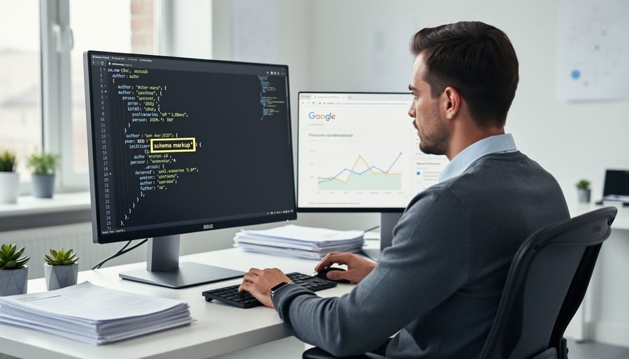 Developer implementing schema markup code on laptop