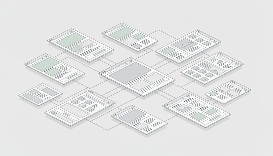 Overhead view of multiple identical blueprint copies arranged in grid pattern on drafting table