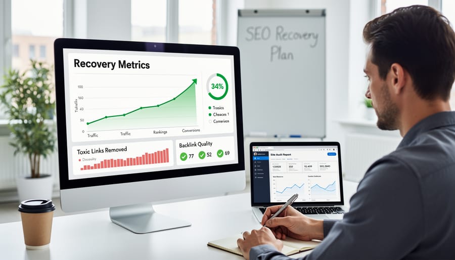 Computer monitor showing positive analytics trends in dark office setting