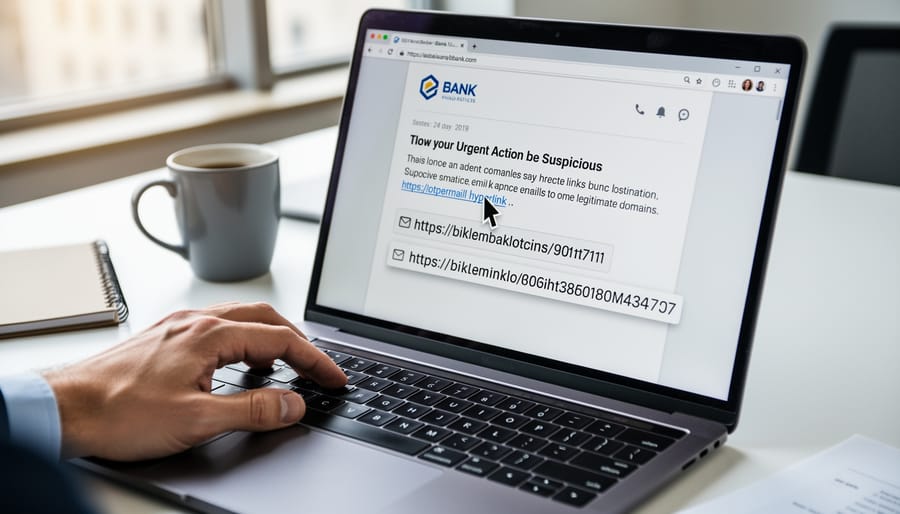 Computer cursor hovering over email link to verify URL destination