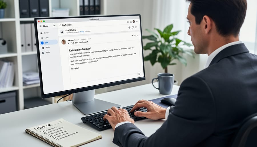 Person typing professional email on laptop at wooden desk with coffee