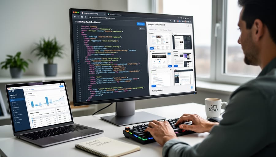 Hands typing on laptop keyboard reviewing analytics code