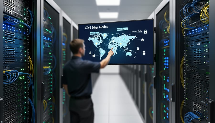 Network cables with glowing lights connected to server ports in data center