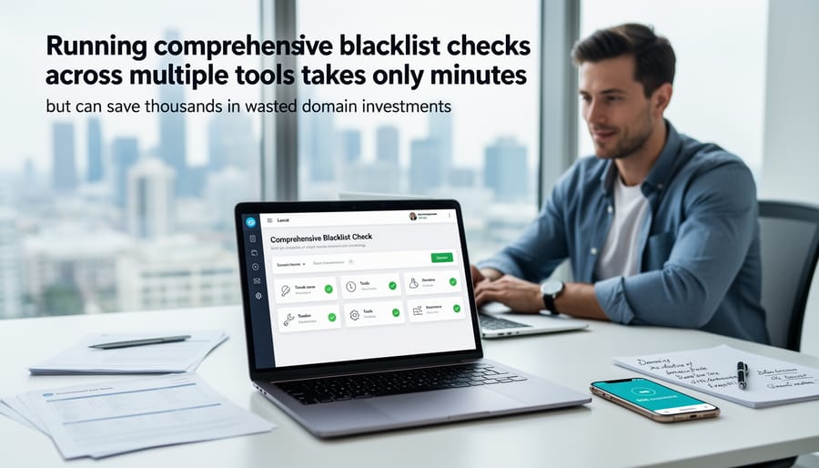 Person using laptop to check domain reputation using multiple online tools