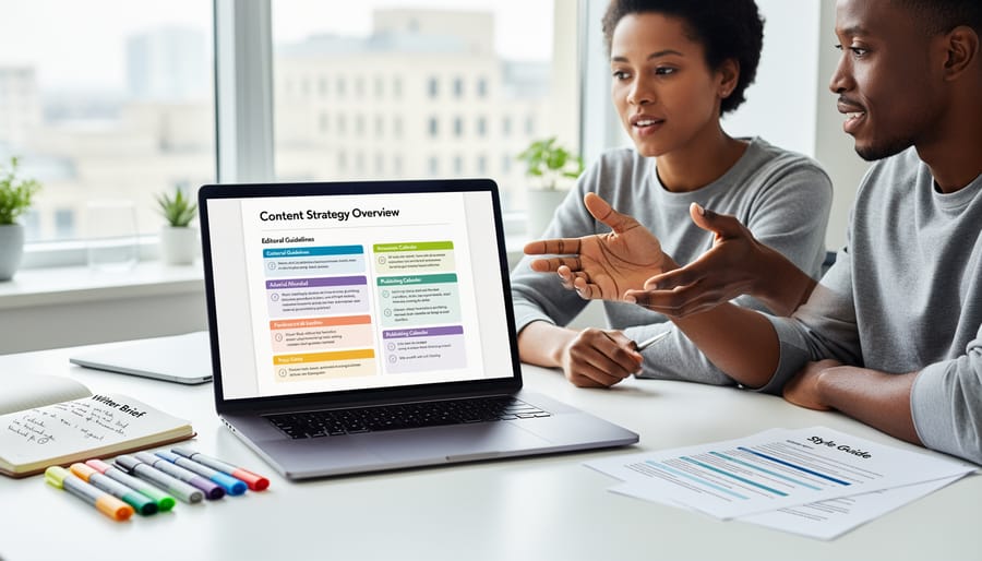 Overhead view of workspace with laptop and printed content strategy documents