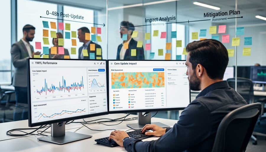 SEO analyst monitoring ranking data on dual monitors during Google core update