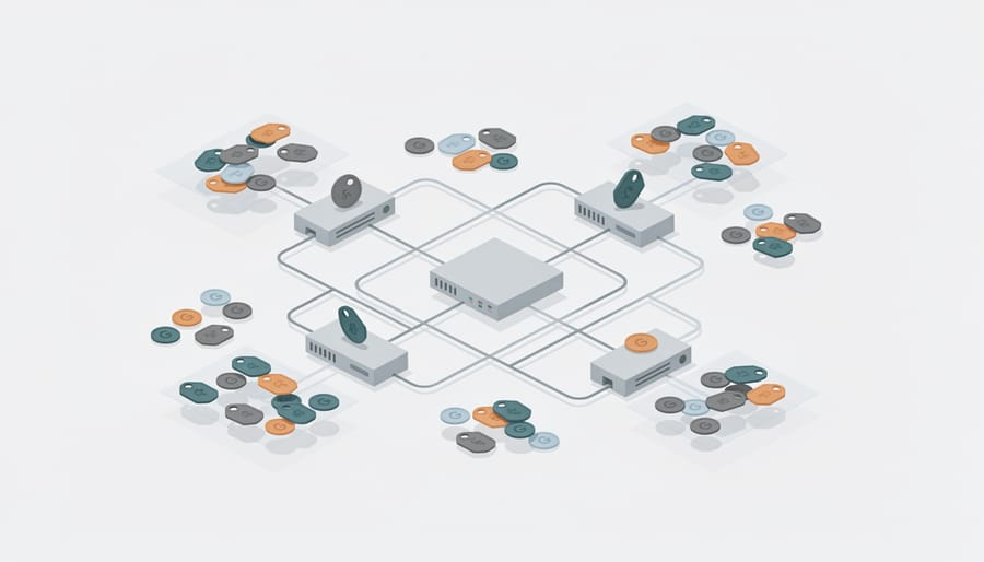 Keys, USB drives, and credential notes scattered on server room desk illustrating security vulnerabilities