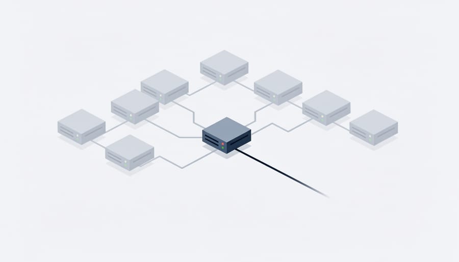 Single illuminated network cable standing out among bundle of standard cables