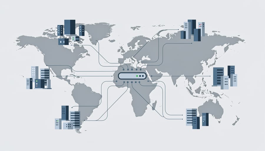 World map with small server models distributed across different continents