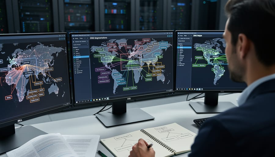 Network engineer configuring enterprise routing equipment with organized cables