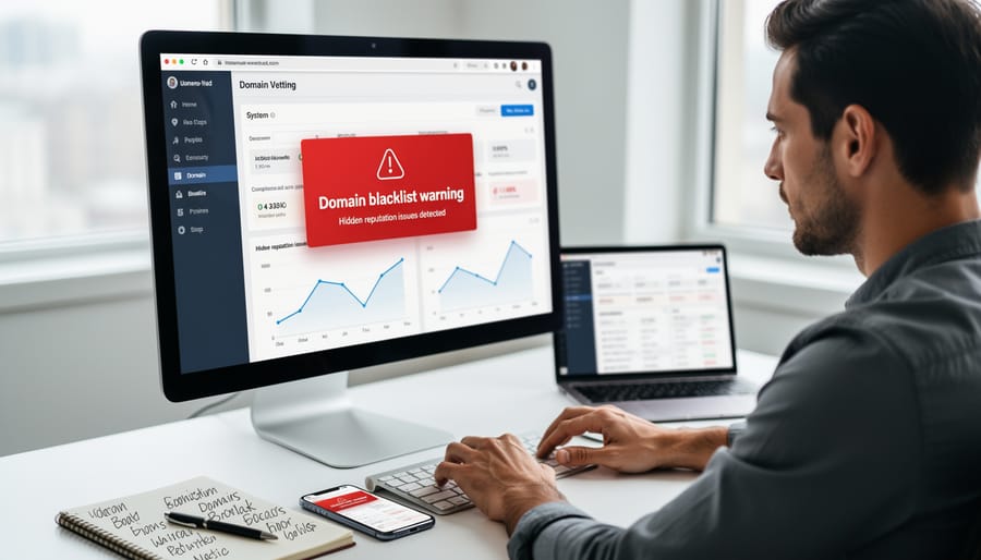 Computer screen showing domain blacklist warning message