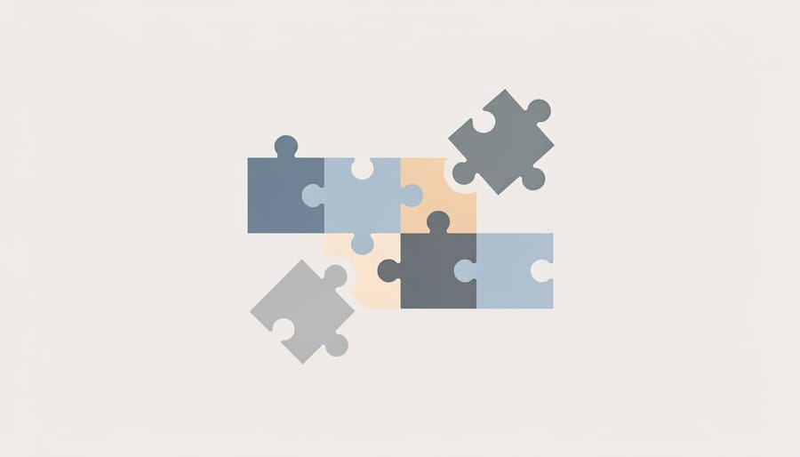 Magnifying glass examining scattered puzzle pieces and blocks on desk